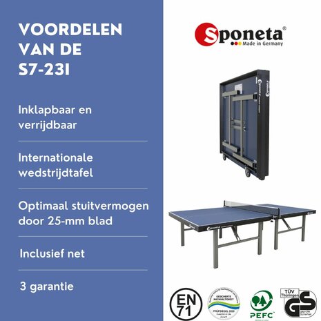 Sponeta S7-23i Tafeltennistafel indoor blauw-vaste opstelling