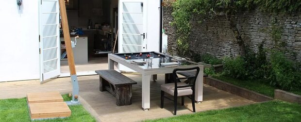 Vision Outdoor Pooltafel 7ft – Massief Europees Eiken, 3-delige Leisteen, Speciaal Buitenlaken